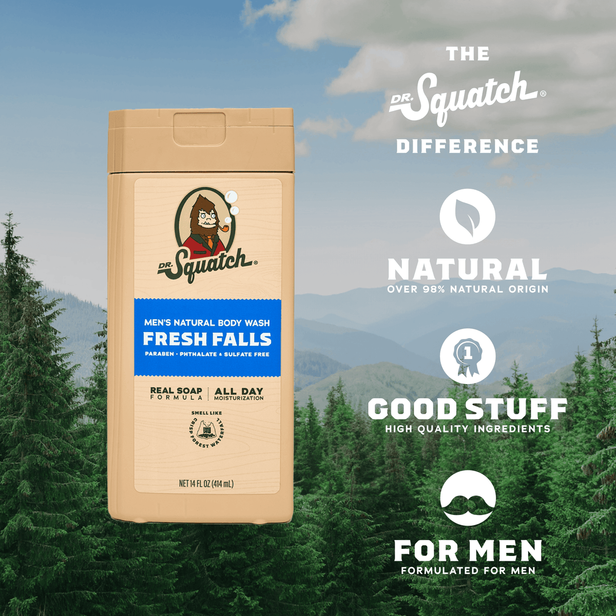 Dr. Squatch Mens Natural Body Wash, Sulfate Free Moisturizing Body Wash for men, Fresh Falls, 14 fl Oz