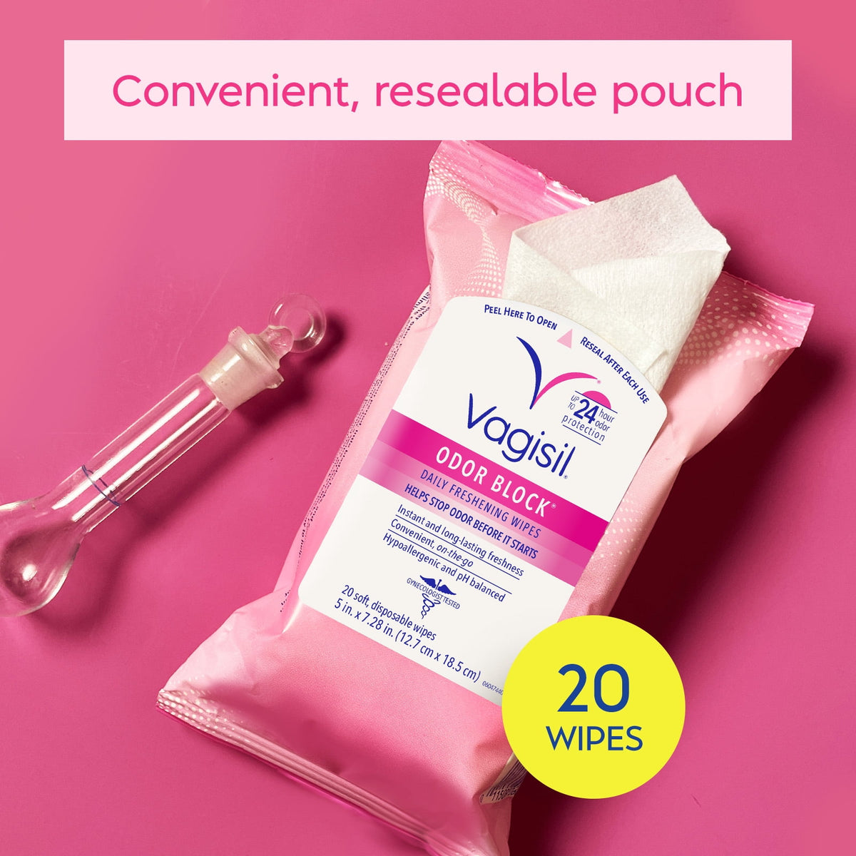 Vagisil Odor Block Daily Freshening Wipes for Feminine Hygiene in Resealable Pouch, Gynecologist Tested & Hypoallergenic, 20 Wipes