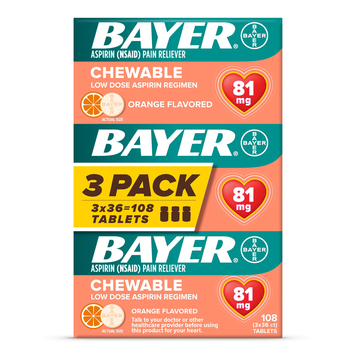 Bayer Chewable Aspirin Regimen Low Dose Pain Reliever Tablets, 81mg, Orange, 108 Count