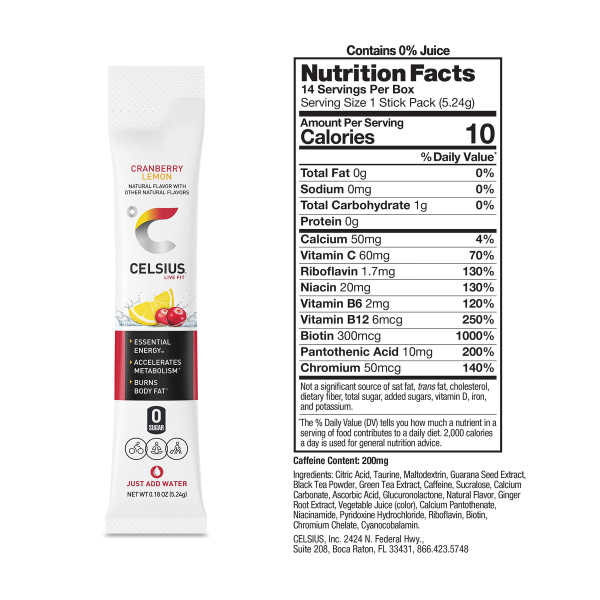 CELSIUS On The Go Energy Drink Mix, Cranberry Lemon (14 Stick Pack)