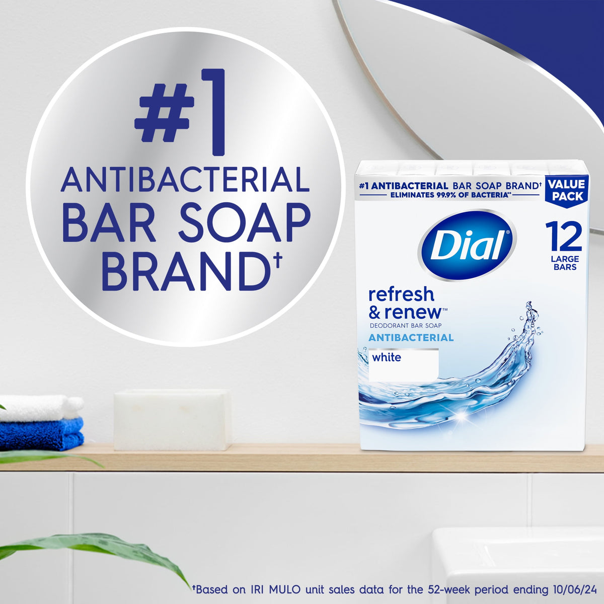 Dial Antibacterial Bar Soap, Refresh & Renew White Deodorant Bar, 4 oz (12 Bars)