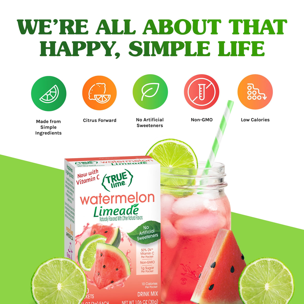 True Lime Watermelon Limeade Drink Mix Powder, No Artificial Sweeteners, 1.06 oz.Packet, 10 Count Box