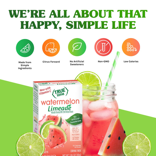True Lime Watermelon Limeade Drink Mix Powder, No Artificial Sweeteners, 1.06 oz.Packet, 10 Count Box