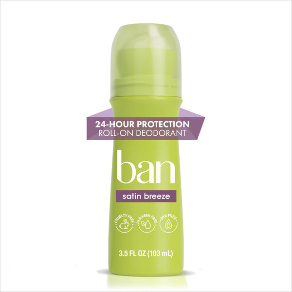 Ban Antiperspirant Deodorant Invisible Roll-On for Women and Men, Satin Breeze, 3.5 fl oz