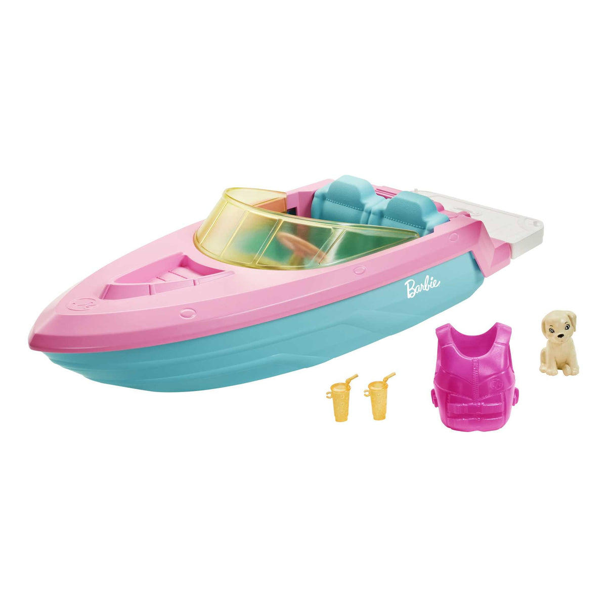 Barbie Toy Boat Set with Puppy, Life Vest and Beverage Accessories, Floats in Water (Seats 3 Dolls)