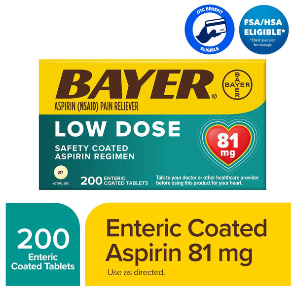 Bayer Aspirin Low Dose, 81 mg, for Cardiovascular Disease Enteric Coated Tablets, 200  Count
