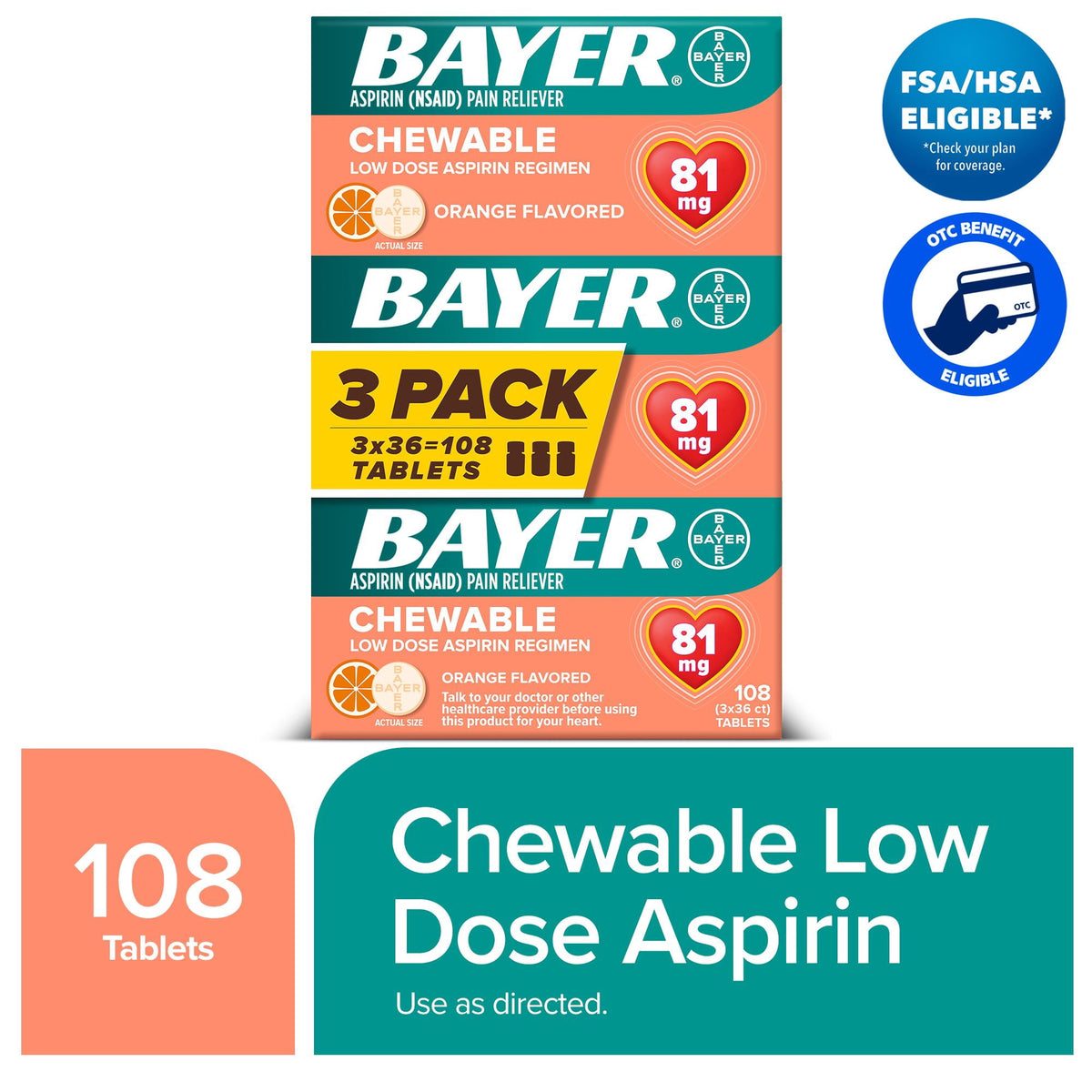 Bayer Chewable Aspirin Regimen Low Dose Pain Reliever Tablets, 81mg, Orange, 108 Count