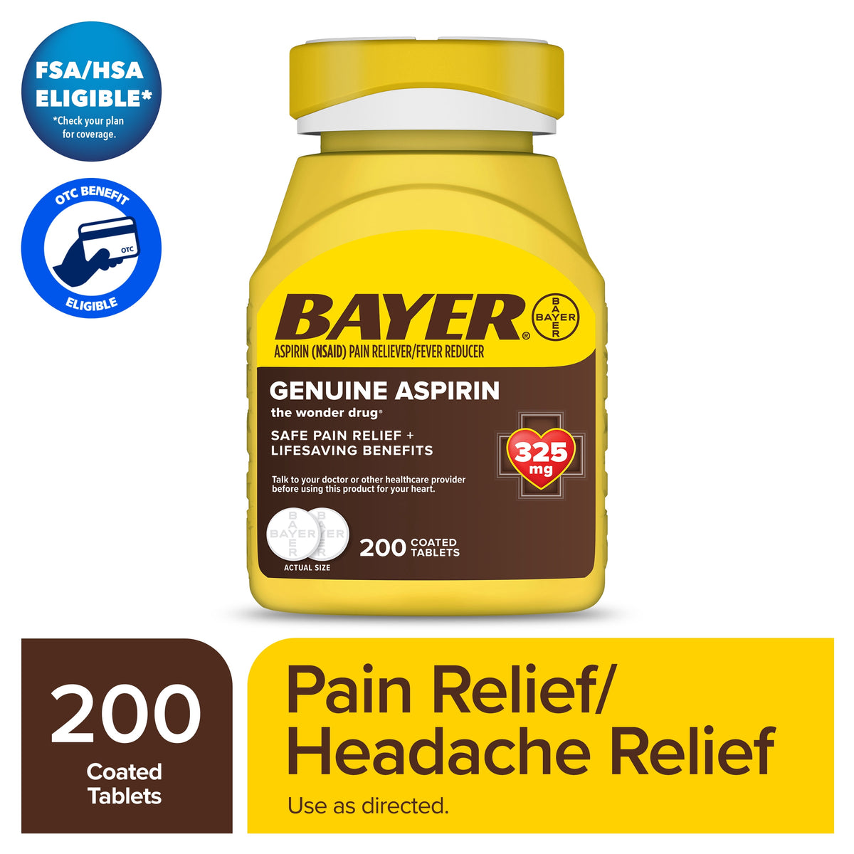 Bayer Genuine Aspirin 325 mg Coated Tablets for Multi-symptom pain relief and Headache Relief, 200 Count