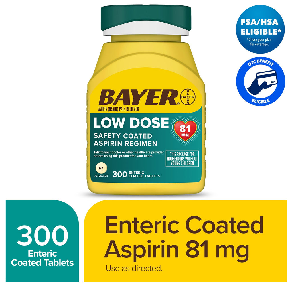 Bayer Aspirin, Low Dose, 81mg, Pain Reliever, Enteric Coated Tablets, 300 Count