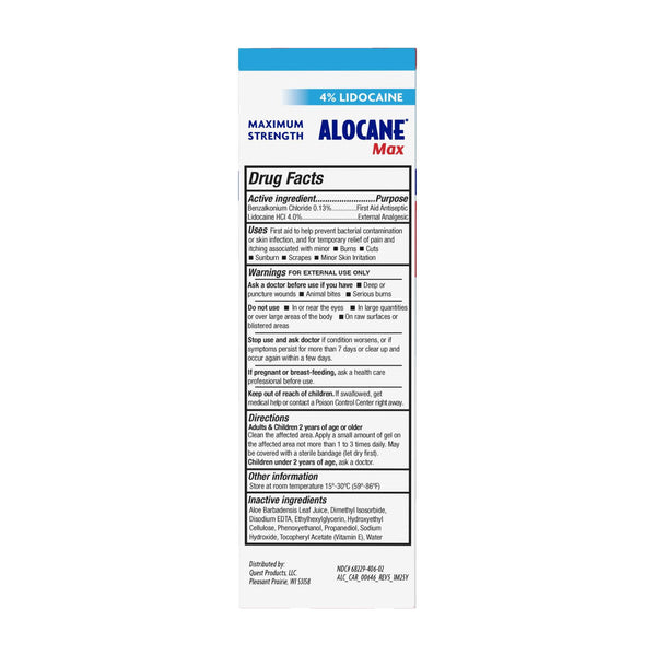 ALOCANE Max Maximum Strength Burn Gel with Antiseptic, 4% Lidocaine, Fast Pain Itch Relief, First Aid Treatment 2.5 fl oz