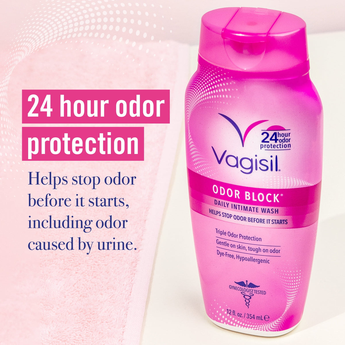 Vagisil Odor Block Daily Intimate Vaginal Wash, For 24 Hour Odor Protection, 12 Fluid Ounce Bottle (Pack of 3)