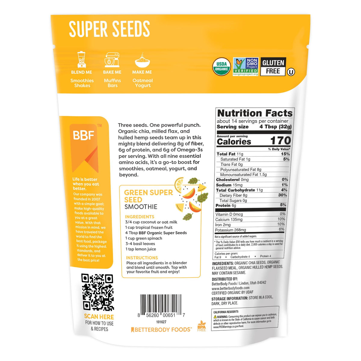 BetterBody Foods Organic Super Seeds, Chia Seeds, Flaxseed Meal, & Hemp Seeds, 16 oz