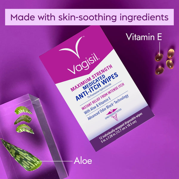 Vagisil Anti-Itch Medicated Feminine Intimate Wipes for Women, Maximum Strength, Gynecologist Tested, 12 Wipes