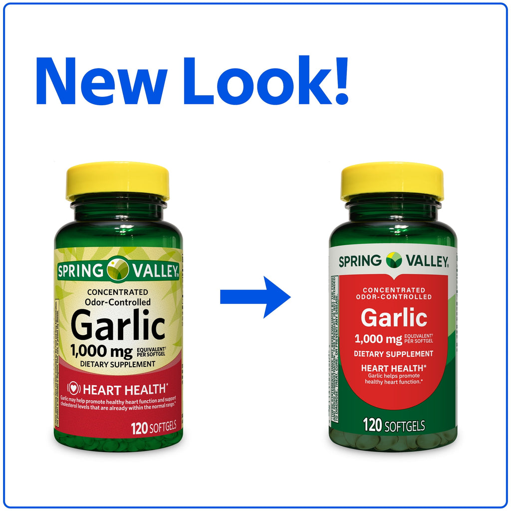 Spring Valley Odor-Controlled Garlic Dietary Supplement Softgels for Heart Health, 1000 mg, 120 Count