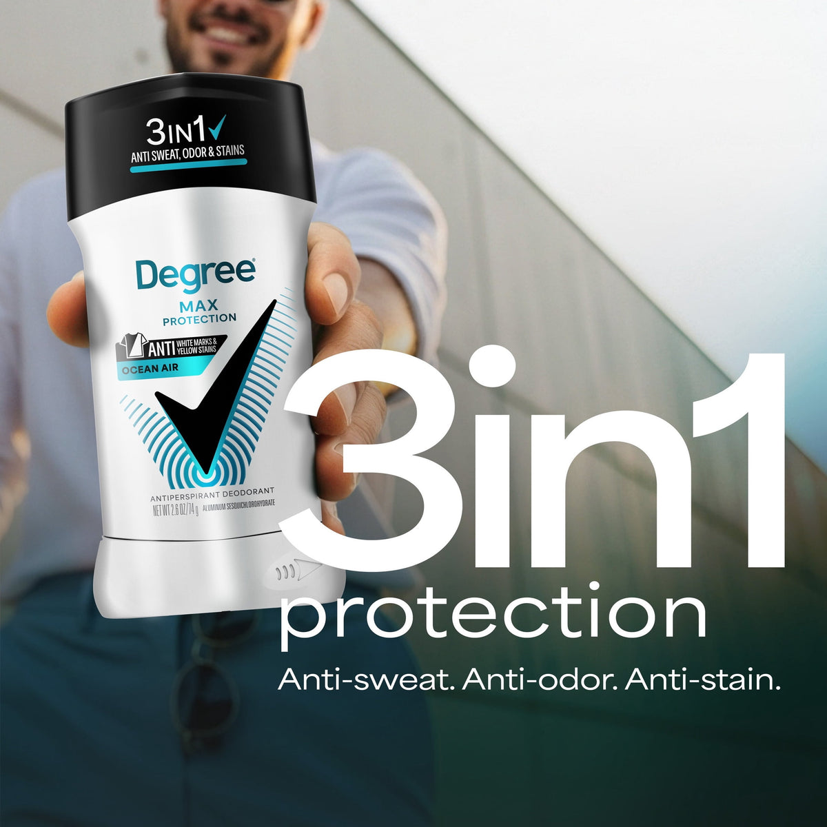 Degree Men 3in1 Max Protection Antiperspirant Deodorant Anti Sweat Odor and Stains Ocean Air 72-hour Protection, 2.6 oz