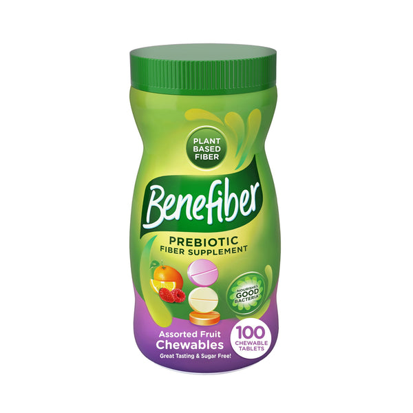 Benefiber Chewable Prebiotic Glp-1 Friendly Fiber Supplement Tablets for Digestive Health, Assorted Fruit Flavors - 100 Count