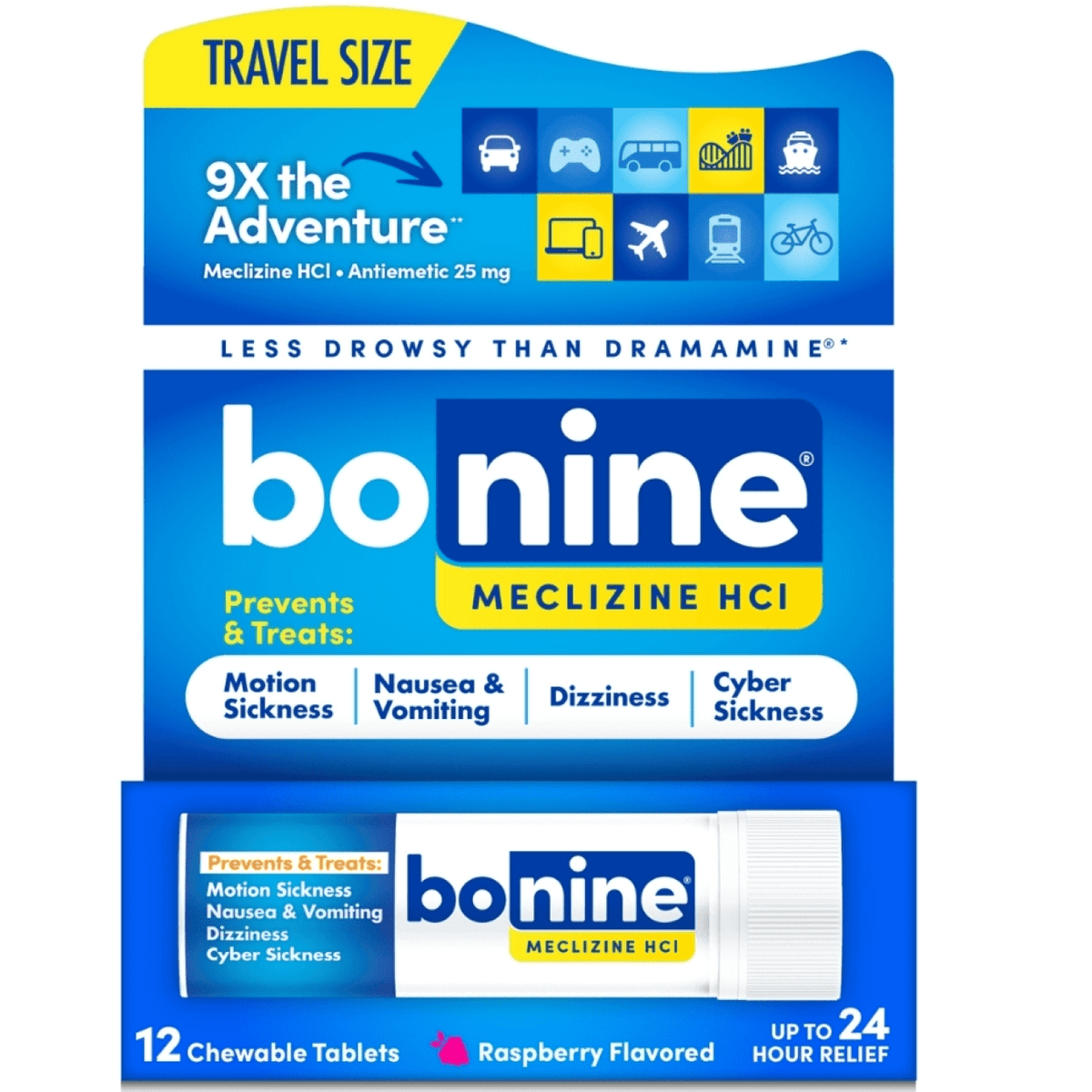 Bonine Raspberry Chewable Motion Sickness Relief Tablets, 12 Count