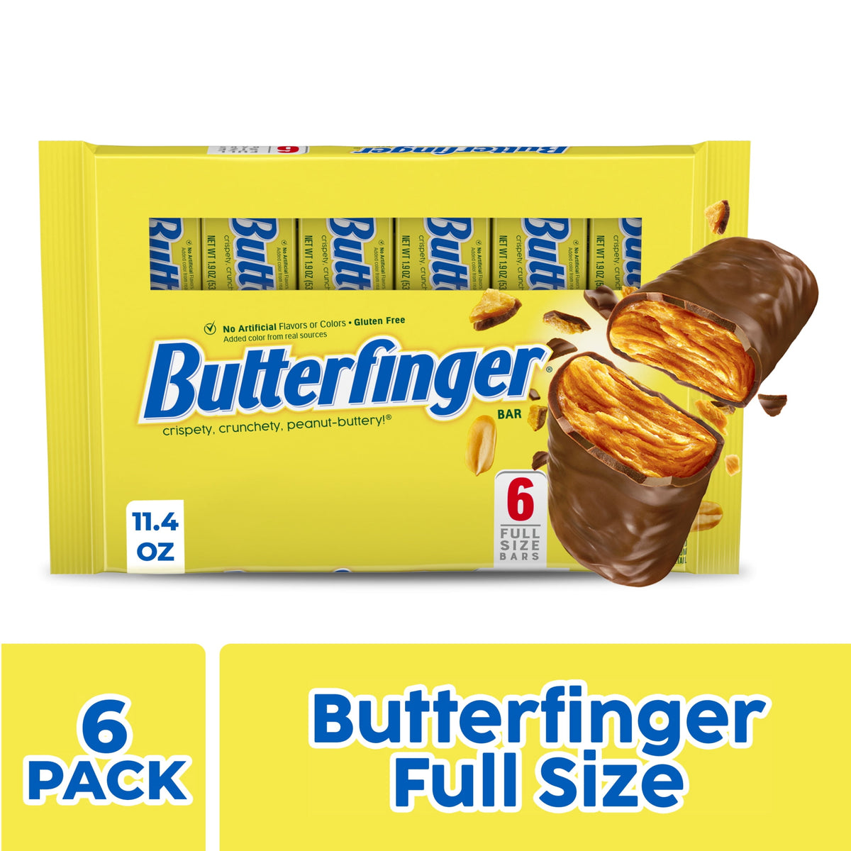 Butterfinger Full Size Candy Bar, 6 Count, Crispety Crunchety Peanut-Buttery On-The-Go Sweet Treat, 1.9 oz Each