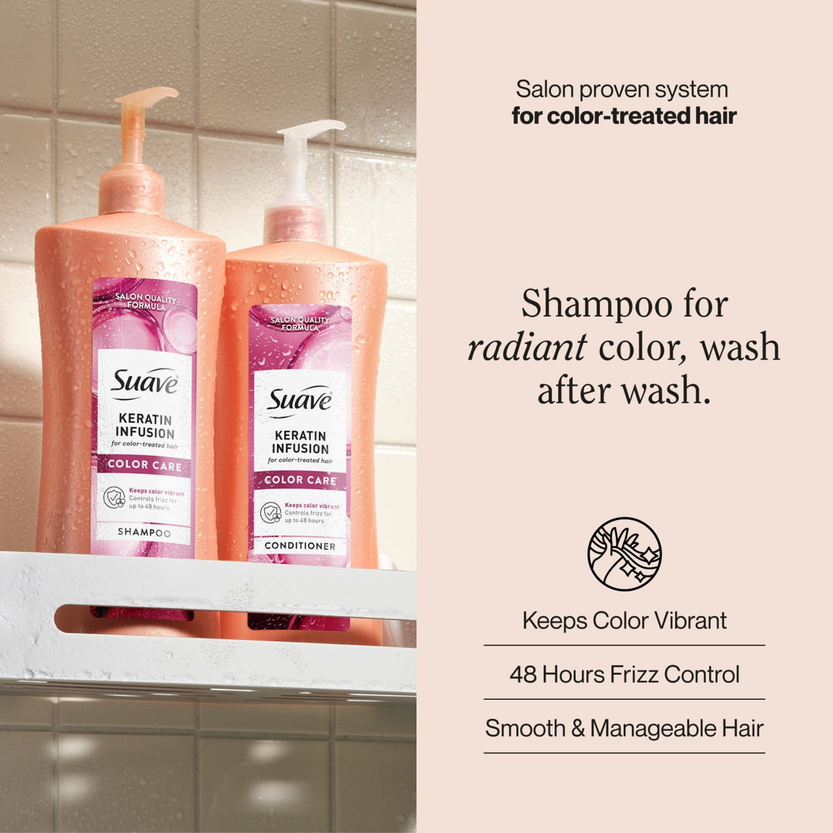 Suave Keratin Infusion Color Care Shampoo for Color Treated Hair, 48-hour Frizz Control, Smooths and Adds Shine, 28 fl oz