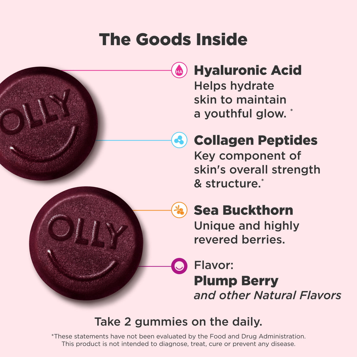 OLLY Glowing Skin Gummies, Hyaluronic Acid, Collagen Peptides, Sea Buckthorn, Plump Berry Flavor, 50 Count