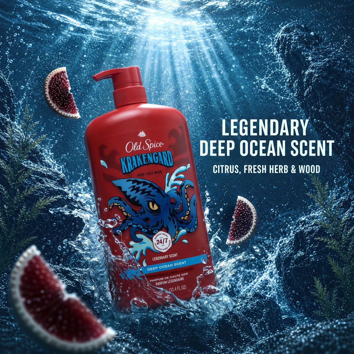 Old Spice Body & Face Wash for Men, 24/7 Shower Fresh, Krakengard Deep Ocean, 33.4 fl oz