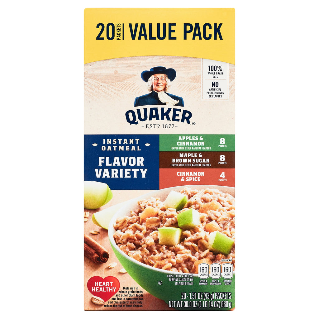 Quaker Instant Oatmeal, Flavor Variety Value Pack, 20 Packets (8 Apples & Cinnamon, 8 Maple & Brown Sugar, 4 Cinnamon Spice)