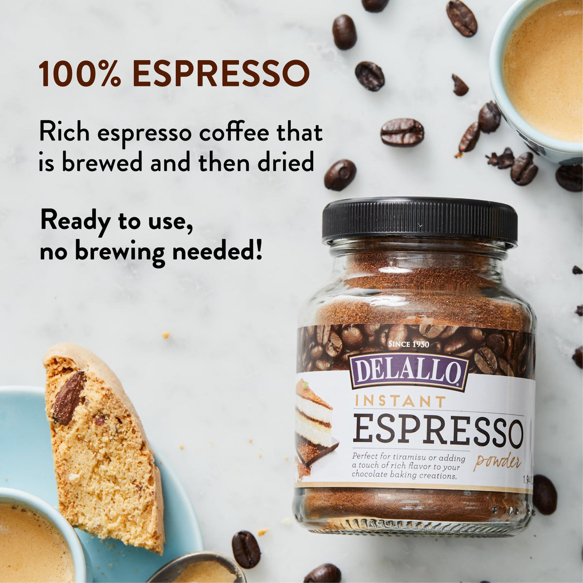 DeLallo Instant Espresso Powder for Baking & Drinks, 100% Instant Coffee, Naturally Caffeinated, 1.94 oz Jar