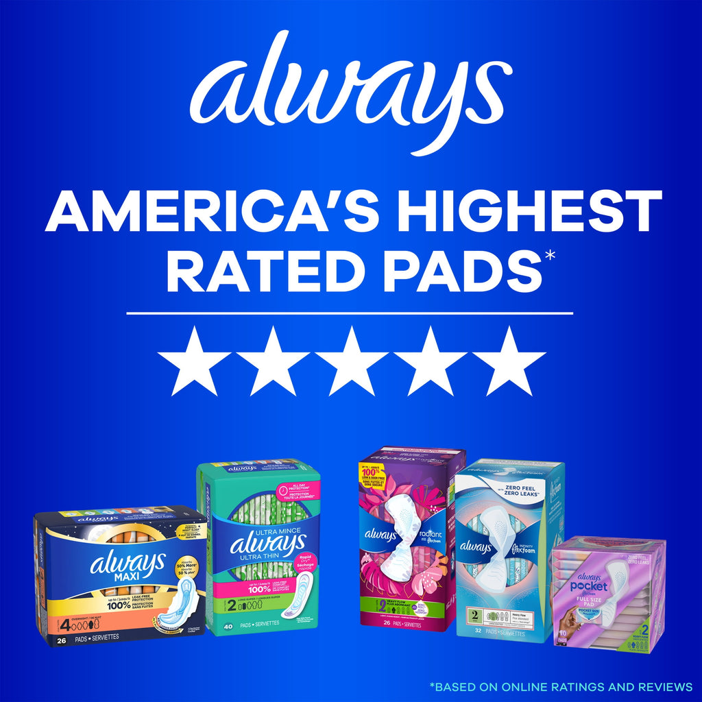 Always Maxi Daytime Pads with Wings, Size 2, Long, Unscented, 18 Count