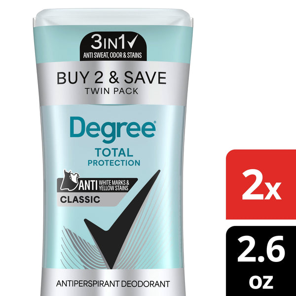 Degree 3in1 Total Protection Antiperspirant Deodorant for Women Anti Sweat, Odor and Stains Classic 72-Hour Sweat & Odor Protection, 2.6 oz Twin Pack