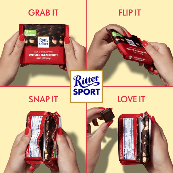 Ritter Sport Dark Chocolate Candy Bar with Crunchy Whole Hazelnuts – Authentic German Chocolate, Wrapped, 3.5 oz