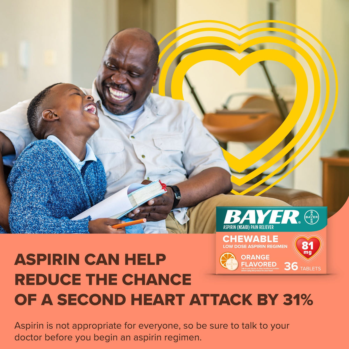 Bayer Chewable Aspirin Regimen Low Dose Pain Reliever Tablets, 81mg, Orange, 108 Count