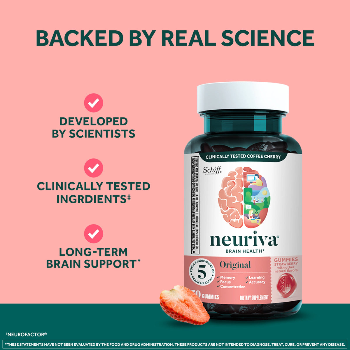 Neuriva Original Brain Supplements for Memory and Focus Phosphatidylserine Strawberry Gummies 50 Count