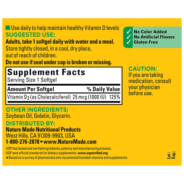 Nature Made Vitamin D3 1000 IU (25 mcg) Softgels, Vitamin D Dietary Supplement, 500 Count