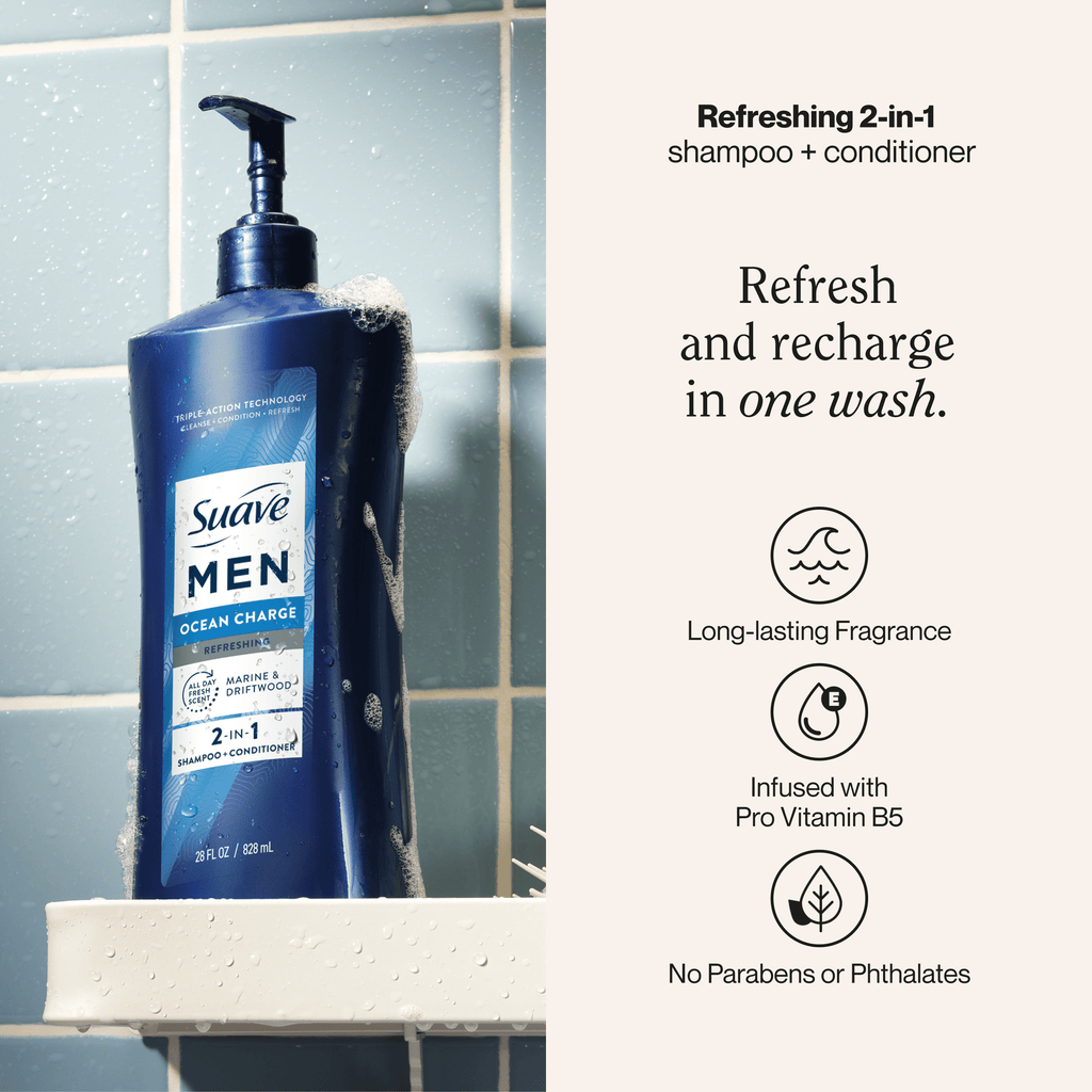 Suave Men Refreshing 2-in-1 Body & Face Wash with Glycerin & Vitamin E, Ocean Charge, 28 fl oz