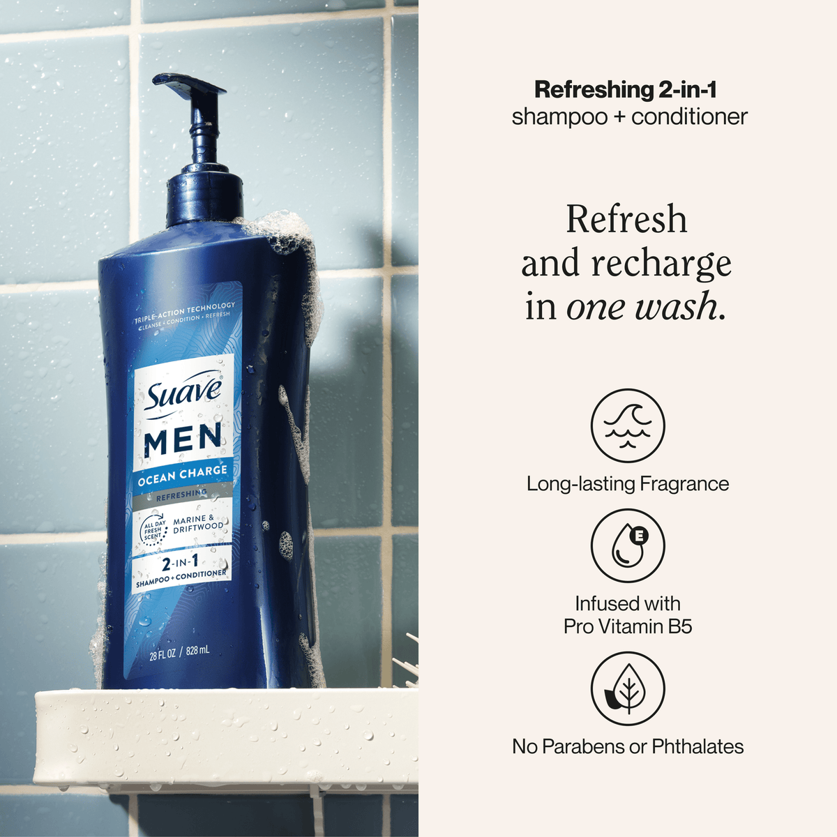 Suave Men Refreshing 2-in-1 Body & Face Wash with Glycerin & Vitamin E, Ocean Charge, 28 fl oz
