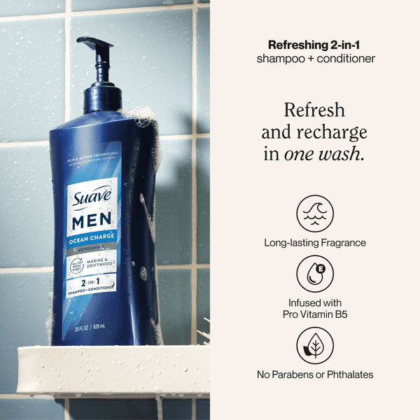 Suave Men Refreshing 2-in-1 Body & Face Wash with Glycerin & Vitamin E, Ocean Charge, 28 fl oz