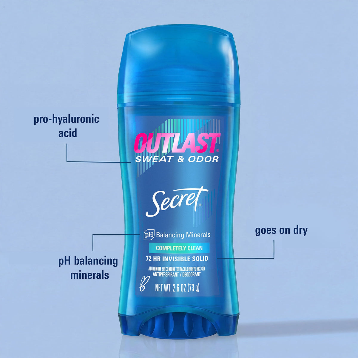 Secret Outlast Antiperspirant Deodorant for Women, Invisible Solid, Completely Clean, 2.6 oz, Twin Pack