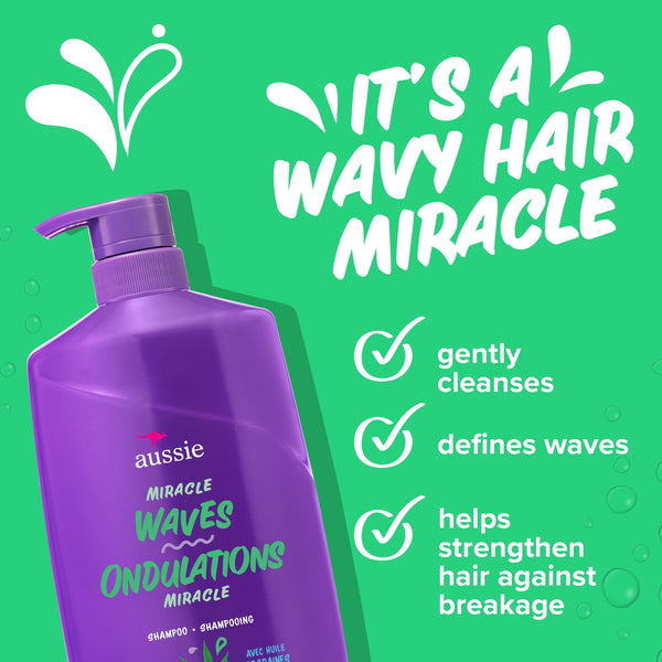 Aussie Miracle Waves Anti-Frizz Hemp Paraben-Free Shampoo, 26.2 fl oz for All Hair Types