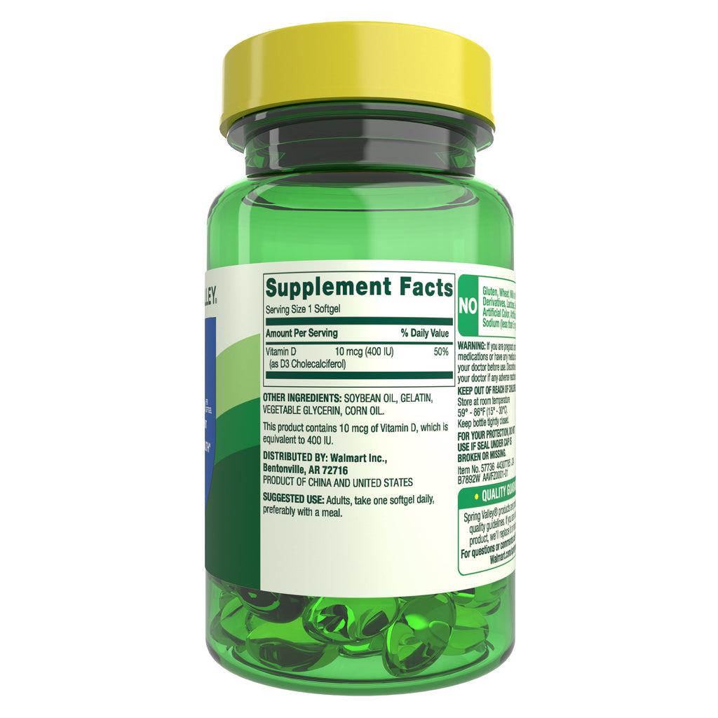 Spring Valley Vitamin D3 Softgels,10 mcg (400 IU), 200 Count, Supplement for Bone and Immune Health
