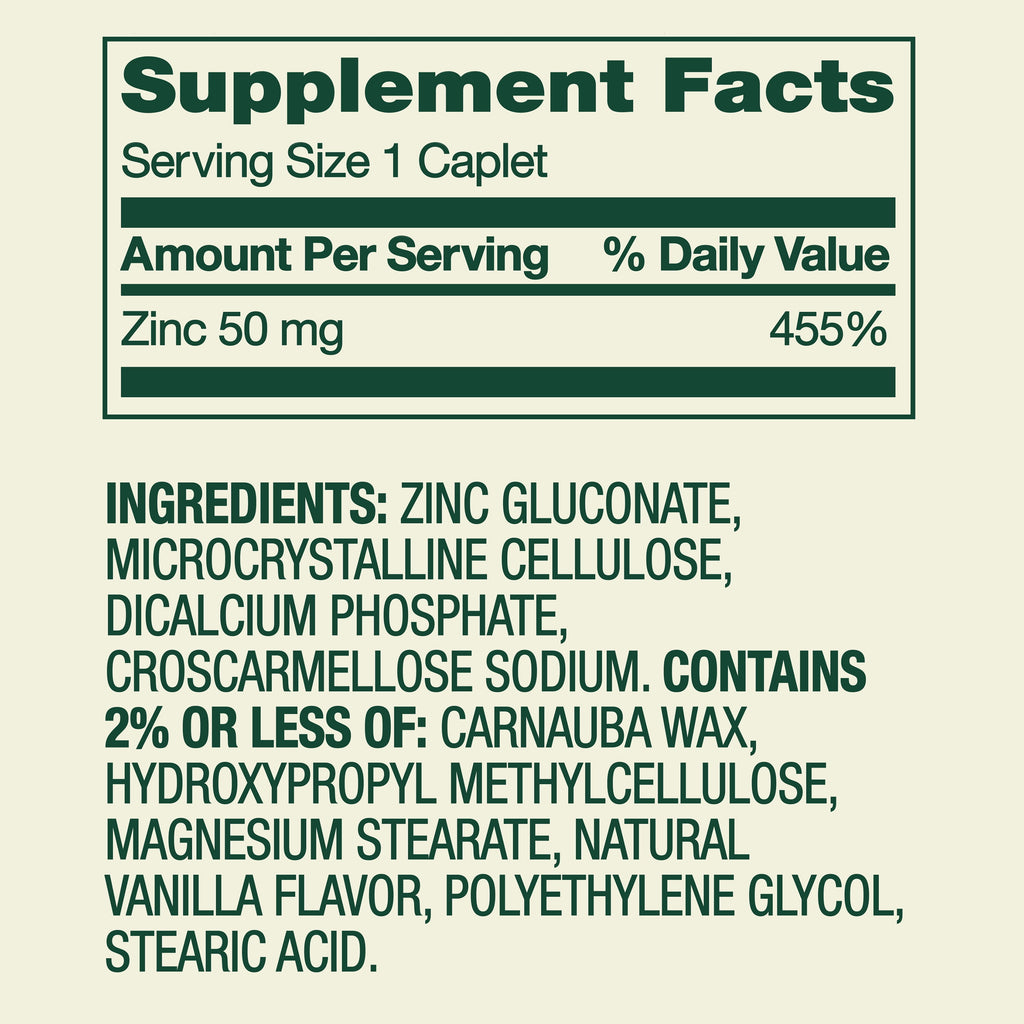 Spring Valley Zinc Dietary Supplement Caplets for Immune Health, 50 mg, 200 Count