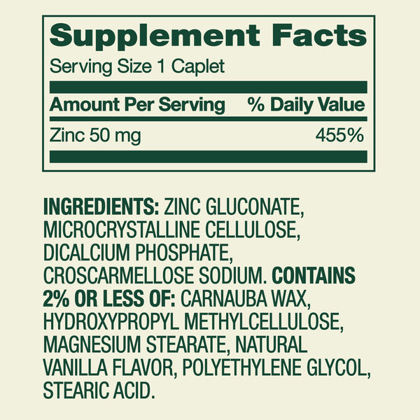 Spring Valley Zinc Dietary Supplement Caplets for Immune Health, 50 mg, 200 Count