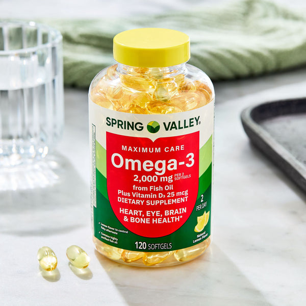 Spring Valley Maximum Care Omega-3 from Fish Oil Dietary Supplement Softgels for Eye Brain Bone & Heart Health, 2000 mg, 120 Count