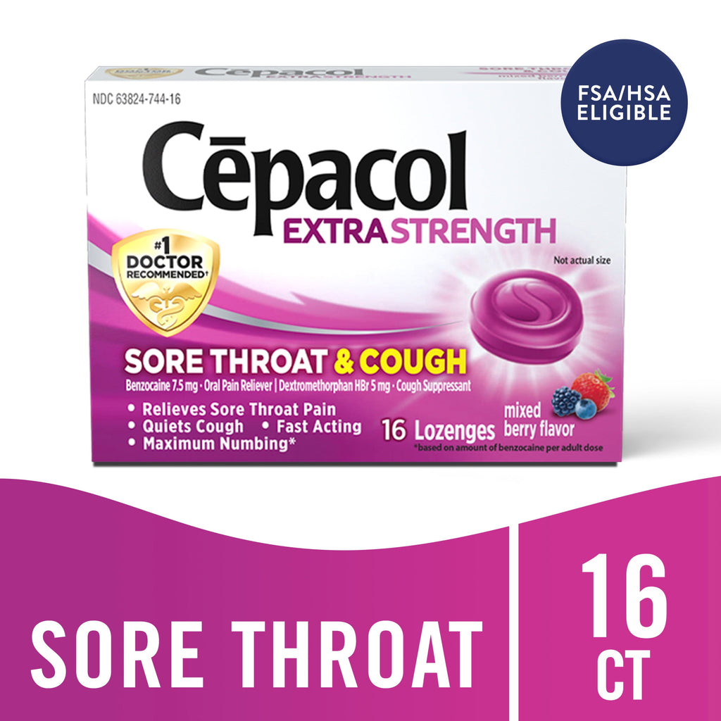 Cepacol Extra Strength Sore Throat & Cough Lozenges, Powerful Symptom Relief, Quiet Cough, Oral Pain Reliever, Mixed Berry Flavor, 16 Lozenges