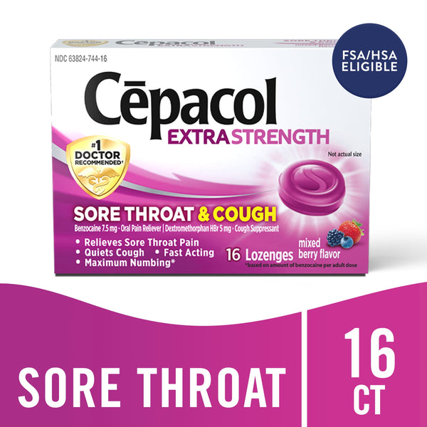 Cepacol Extra Strength Sore Throat & Cough Lozenges, Powerful Symptom Relief, Quiet Cough, Oral Pain Reliever, Mixed Berry Flavor, 16 Lozenges