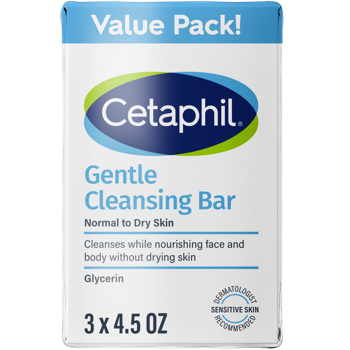 Cetaphil Gentle Face Cleanser and Body Wash Bar for Dry to Normal, Sensitive Skin Value Pack, 4.5 oz (Pack of 3)