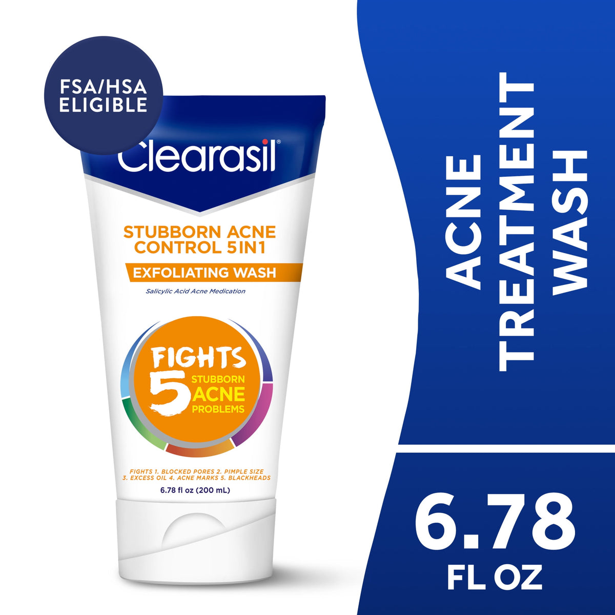 Clearasil Stubborn Acne Exfoliating Acne Face Wash, Normal to Oily Skin, 6.78 fl oz