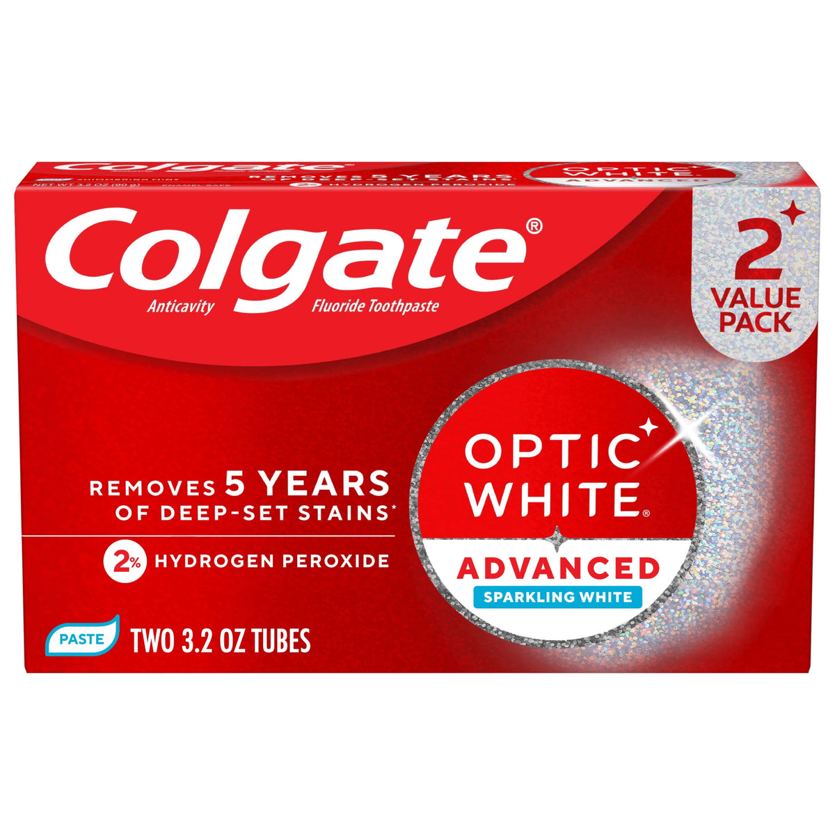 Colgate Optic White Advanced Sparkling White Toothpaste with 2% Hydrogen Peroxide, Mint, 2 Pack, 3.2 OZ