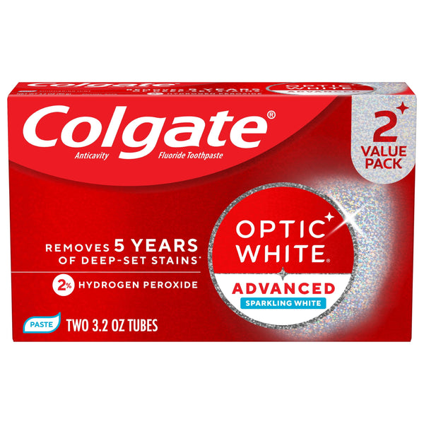 Colgate Optic White Advanced Sparkling White Toothpaste with 2% Hydrogen Peroxide, Mint, 2 Pack, 3.2 OZ