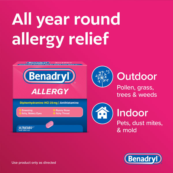 Benadryl Ultratabs Antihistamine Cold & Allergy Relief Tablets, 24 Count