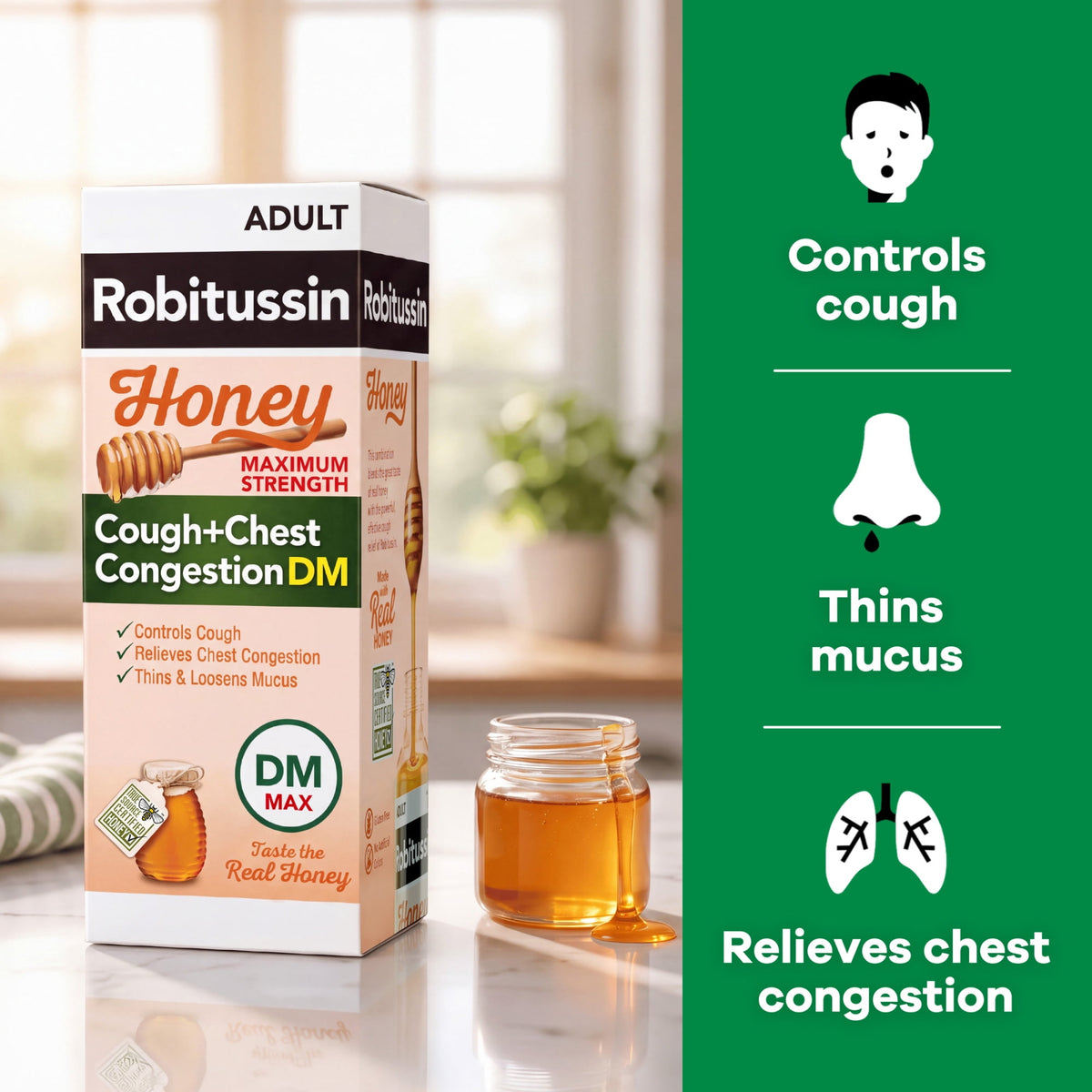 Robitussin Max Strength Cough Congestion DM and Cold Medicine for Nighttime Relief, Honey, 4 Fl Oz, 2 Pack